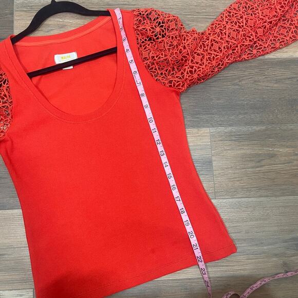 Maeve Small Lace Crochet Sleeve Top Red Cotton Blend Rib Scoop Neck - Picture 10 of 11